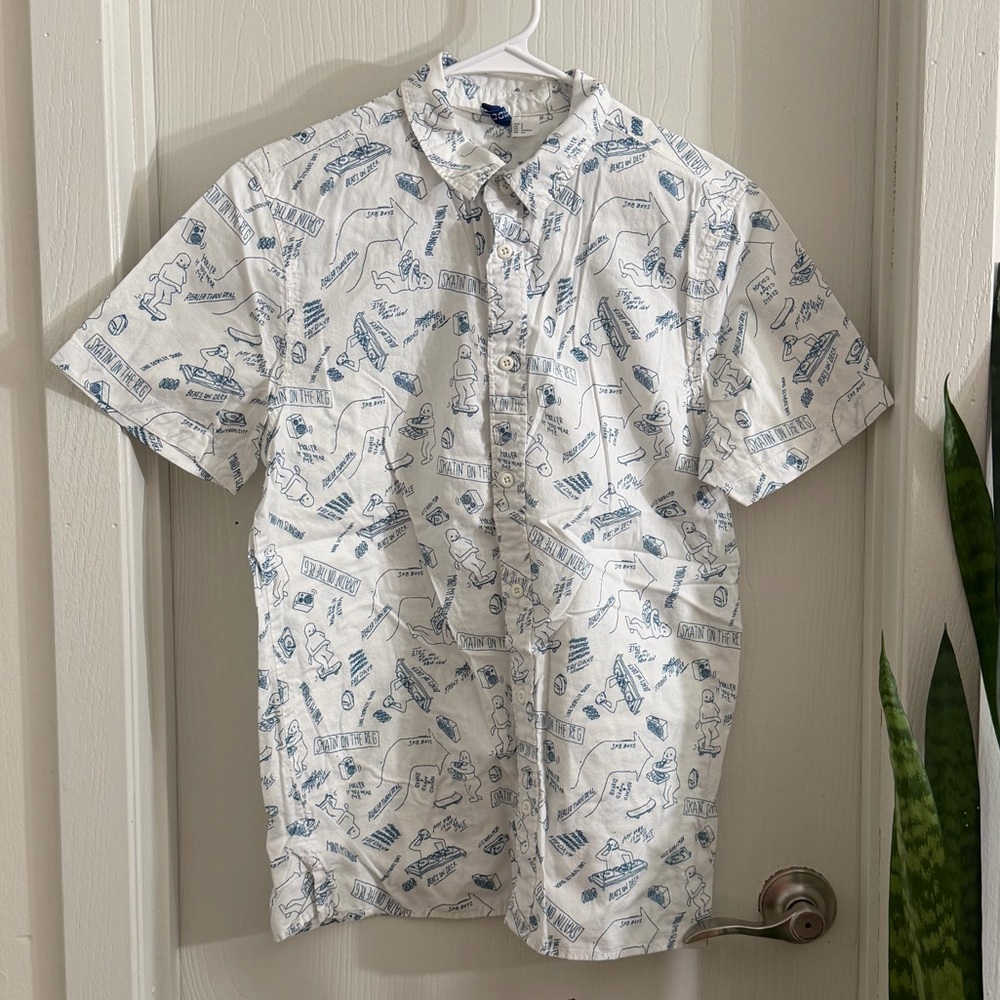 H&M White and Blue Graphic Men's Shirt